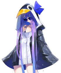  animal_hood bikini black_bikini black_jacket blue_bow blue_choker blue_eyes bow choker commentary_request cowboy_shot fate/grand_order fate_(series) female highres hisame_(gocbu) hood hood_up jacket long_hair long_sleeves looking_at_viewer meltryllis_(fate) meltryllis_(swimsuit_lancer)_(fate) meltryllis_(swimsuit_lancer)_(first_ascension)_(fate) penguin_hood purple_hair simple_background sleeves_past_fingers sleeves_past_wrists solo standing sunglasses swimsuit white_background 