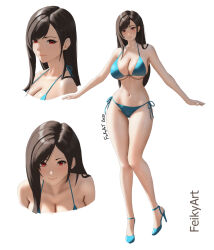  artist_name bikini black_hair blue_bikini breasts cleavage closed_mouth collarbone feikyart female final_fantasy final_fantasy_vii full_body high_heels highres large_breasts long_hair multiple_views navel red_eyes side-tie_bikini_bottom simple_background smile stomach swimsuit thigh_gap thighs tifa_lockhart very_long_hair white_background 