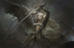  1boy abs arm_up armor belt black_coat black_gloves black_pants chest_strap christian_angel closed_mouth coat commentary feathered_wings feet_out_of_frame female final_fantasy final_fantasy_vii final_fantasy_vii_remake gloves green_eyes grey_hair highres holding holding_sword holding_weapon jenova long_hair masamune_(ff7) pants parted_bangs sephiroth shoulder_armor single_wing sword weapon wings 