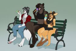  2021 3_toes 4_toes 5_fingers absurd_res anthro bean belly bench bottomwear brain_freeze canid canine canis clothing denim denim_bottomwear denim_clothing dessert digital_drawing_(artwork) digital_media_(artwork) domestic_dog feet female fingers food group hair hi_res hyena ice_cream ice_cream_cone ice_cream_on_nose jeans kangaroo macropod male mammal marsupial pants park_bench ruby_(comfycreations) sarah_(wheresmysocks) shirt simple_background sitting tail teeth toes tongue topwear trio zibeline 