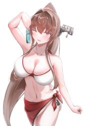  bikini bottle breasts brown_eyes brown_hair cleavage cowboy_shot female hair_between_eyes headgear highres kantai_collection large_breasts long_hair navel ponytail ramune red_sarong sarong simple_background solo swimsuit takechi_(yamato_kure_46) white_background white_bikini yamato_(kancolle) yamato_(swimsuit)_(kancolle) 