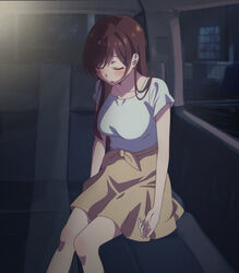  1girls blush breasts brown_eyes brown_hair car edited female female_only ground_vehicle in_car inside inside_car kanojo_okarishimasu large_breasts long_hair mizuhara_chizuru motor_vehicle netorare shirt sitting skirt sleeping solo t-shirt teenager third-party_edit tired tired_eyes vehicle 