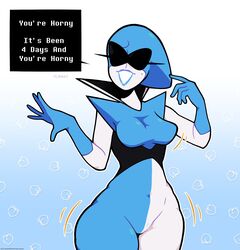  1girls alternate_version_available blue_gloves blue_lipstick clothed clothed_female clothing deltarune deltarune_chapter_2 english_text female female_only gloves mole mole_under_eye motion_lines peach_(fruit) queen_(deltarune) redskinnedmess robot robot_girl solo_female text text_box visor white_skin 