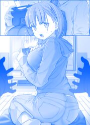  1boy 3girls ai-chan_(tawawa) ass blue_theme blush braid breasts controller denim dualshock game_console game_controller gamepad getsuyoubi_no_tawawa hands himura_kiseki hood hoodie jeans large_breasts multiple_girls open_mouth pants playstation_4 pocket short_hair sitting speaker stand sweat television wooden_floor yokozuwari 