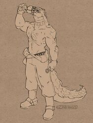  anthro chest_tattoo closed_eyes crocodile crocodilian crocodylid daylon_(dislyte) dislyte drinking facial_markings head_markings lilith_games male markings mouth_strap muscular no_shirt reptile scalie solo spikes tail tattoo teeth thick_tail tools wrench zinthings 