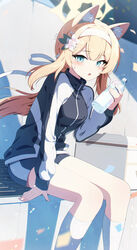  :o absurdres animal_ear_fluff animal_ears blonde_hair blue_archive blush bottle breasts confetti duplicate feet_out_of_frame female gym_uniform halo headband highres holding holding_bottle jacket kneehighs light_particles liyom looking_at_viewer mari_(blue_archive) mari_(track)_(blue_archive) medium_breasts official_alternate_costume pixel-perfect_duplicate shorts sitting socks solo sweatdrop track_jacket water_bottle white_headband white_socks yellow_halo 