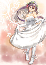  akebono_(kancolle) ankle_ribbon bare_shoulders bell blush breasts bridal_veil choker dress earrings elbow_gloves female floral_background flower fukami_naoyuki gloves hair_flower hair_ornament high_heels jewelry kantai_collection leaf leg_ribbon lifting_own_clothes long_hair looking_to_the_side purple_eyes purple_hair red_flower ribbon rose see-through shiny_skin sidelocks skirt_hold small_breasts smile solo sparkle strapless strapless_dress translation_request veil very_long_hair wedding_dress white_dress white_flower white_footwear white_gloves white_legwear white_rose 