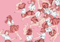  6+girls absurdres bare_legs barefoot braid closed_eyes closed_mouth collared_shirt commentary_request hair_bun half_updo hand_in_mouth hands_up highres long_hair lying multiple_girls on_back on_side original parted_lips pink_background pink_eyes pink_hair pink_skirt pink_theme pleated_skirt ponytail school_uniform shiki_haru shirt shirt_tucked_in short_hair short_sleeves short_twintails simple_background single_hair_bun skirt twin_braids twintails white_shirt 