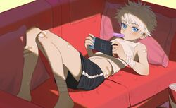  1boy bandage_on_hip bandage_on_knee bandaged_ankle bandaid bandaid_on_arm bandaid_on_leg bandaid_on_thigh bare_shoulders barefoot black_shorts blue_eyes blush can commentary couch drink_can feet_out_of_frame food_in_mouth handheld_game_console hands_up highres holding holding_handheld_game_console hunter_x_hunter injury killua_zoldyck knees_up looking_at_viewer luye_yuan lying male_focus midriff mouth_hold nintendo_switch on_back on_couch pillow short_hair shorts sleeveless soda_can solo symbol-only_commentary tank_top white_hair 