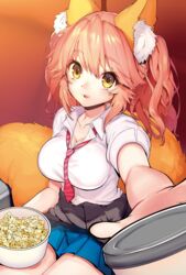  animal_ear_fluff animal_ears blue_skirt breasts clothes_around_waist commentary fate/extella fate/extra fate_(series) female food fox_ears fox_tail hair_between_eyes impossible_clothes impossible_shirt large_breasts looking_at_viewer mogullaz necktie official_alternate_costume outstretched_arms popcorn red_necktie shirt skirt solo sweater sweater_around_waist tail tamamo_(fate) tamamo_no_mae_(fate/extra) tamamo_no_mae_(jk)_(fate) thighs yellow_eyes 