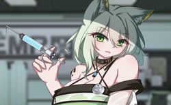  absurdres animal_ear_fluff animal_ears arknights bad_id bad_pixiv_id blurry blurry_background blush breasts cat_ears cat_girl criss-cross_halter dior-zi dress female green_dress green_eyes green_hair hair_between_eyes halterneck hand_up highres holding holding_syringe indoors kal&#039;tsit_(arknights) large_breasts looking_at_viewer material_growth medium_hair off-shoulder_dress off_shoulder open_mouth oripathy_lesion_(arknights) parted_lips portrait solo stethoscope syringe 