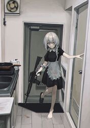  absurdres apron assault_rifle bad_id bad_pixiv_id barefoot black_dress blood blood_on_clothes blood_on_face blue_eyes collared_dress commentary door dress electric_kettle expressionless female frying_pan full_body gun highres holding holding_gun holding_weapon hot_plate indoors kettle kitchen looking_at_viewer m4_carbine maid no_socks original pale_skin rifle shoes short_hair short_sleeves single_shoe sink solo standing standing_on_one_leg strap_slip weapon white_apron white_hair zumochi 