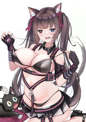  1other 462vvv absurdres animal_ear_fluff animal_ears bare_shoulders bikini black_gloves black_nails blue_eyes breasts cat_ears cat_girl cat_tail clothes_pull collarbone female fingerless_gloves gloves goddess_of_victory:_nikke hair_ribbon heart heterochromia highres large_breasts long_hair looking_at_viewer nail_polish nero_(nikke) pink_eyes pink_thighhighs ribbon ruru_(nikke) simple_background single_thighhigh sitting swimsuit tail tail_raised thighhighs thighs twintails two-tone_bikini white_background wide_hips 