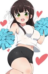  bike_shorts blunt_bangs blush bouncing_breasts breasts brown_hair cheering cheerleader female gochuumon_wa_usagi_desu_ka? green_eyes hair_ribbon heart large_breasts long_hair midriff navel open_mouth pom_pom_(cheerleading) ribbon riyo_(aokiwazumi) solo tank_top thighs ujimatsu_chiya 