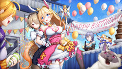  4girls :d animal animal_ears balloon bianka_durandal_ataegina birthday_cake birthday_party black_hair blonde_hair blue_eyes blue_sky blush breasts brown_hair cake cleavage cloud cloudy_sky cosplay crown day door dress faceless faceless_female fake_animal_ears feline food fox_ears gloves grin hair_between_eyes hair_over_one_eye happy_birthday highres holding holding_wand honkai_(series) honkai_impact_3rd long_sleeves mole mole_under_eye multiple_girls official_art open_mouth outdoors party_popper pink_dress ponytail purple_eyes rita_rossweisse second-party_source shirt short_hair sky smile stan_(honkai_impact) teeth theresa_apocalypse theresa_apocalypse_(sakuno_rondo) theresa_apocalypse_(sakuno_rondo)_(cosplay) thighhighs wand white_gloves white_legwear white_shirt xfate 