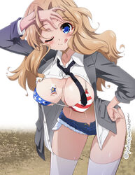  american_flag american_flag_bikini american_flag_print bikini bikini_under_clothes black_necktie blonde_hair blue_eyes blue_shorts blush breasts cleavage collarbone commentary_request cowboy_shot emblem female flag_print girls_und_panzer hand_on_own_hip kay_(girls_und_panzer) long_hair looking_at_viewer navel necktie no_shirt one_eye_closed open_clothes open_shirt open_shorts print_bikini saunders_(emblem) saunders_school_uniform school_uniform shiny_skin shirt short_shorts shorts simple_background smile solo swimsuit thighhighs tongue tongue_out white_background white_shirt white_thighhighs yokoshima_takemaru 