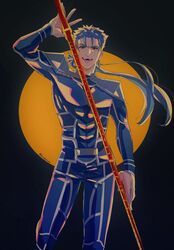  1boy armor biceps blue_bodysuit blue_hair bodysuit cu_chulainn_(fate) cu_chulainn_(fate/stay_night) earrings fangs fate/stay_night fate_(series) floating_hair gae_bolg_(fate) grin highres holding holding_polearm holding_weapon jewelry kuropani_cos long_hair looking_at_viewer male_focus muscular muscular_male open_mouth pauldrons pectorals polearm ponytail red_eyes shoulder_armor skin_tight smile solo spear spiked_hair weapon 