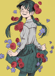  absurdres black_eyes black_hair black_pantyhose black_skirt blush collared_shirt commentary_request cowboy_shot female flower from_side grey_shirt highres long_hair long_sleeves looking_at_viewer looking_to_the_side no_pupils original pantyhose parted_lips pleated_skirt purple_flower red_flower shiki_haru shirt shirt_tucked_in simple_background skirt skirt_hold solo standing teeth twintails yellow_background 