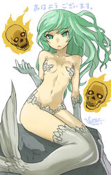  2021 breasts commentary_request female fire flaming_skull green_eyes green_hair grey_thighhighs highres long_hair mermaid mermaid_(megami_tensei) monster_girl oyster_(artist) parted_lips rock scales shin_megami_tensei shin_megami_tensei_v signature simple_background sitting skull small_breasts solo thighhighs translation_request very_long_hair webbed_hands white_background 