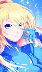  blonde_hair blue_bodysuit blue_eyes bodysuit closed_mouth commentary_request female floating_hair hair_between_eyes indisk_irio long_hair looking_at_viewer metroid mole mole_under_mouth ponytail portrait samus_aran solo turtleneck twitter_username zero_suit 