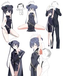  1boy armpits arms_up arsyky14 bare_legs bare_shoulders black_dress black_eyes black_hair blue_archive breasts carrying china_dress chinese_clothes closed_eyes doodle_sensei_(blue_archive) double_bun dress female formal hair_bun half-closed_eyes highres kisaki_(blue_archive) licking licking_armpit multiple_views off_shoulder pinstripe_pattern pinstripe_suit sensei_(blue_archive) small_breasts striped suit tongue tongue_out 