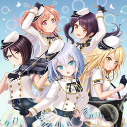  5girls :3 :d bang_dream! black_hair blonde_hair blue_eyes blue_serafuku blush breasts brown_eyes closed_mouth dress futaba_tsukushi grey_hair hair_between_eyes highres hiromachi_nanami instrument kirigaya_toko kurata_mashiro lic_(licloud28) long_hair long_sleeves looking_at_viewer medium_hair morfonica multiple_girls open_mouth pink_eyes purple_hair school_uniform serafuku shirt short_hair smile standing twintails two_side_up violin white_uniform yashio_rui 