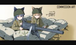  2girls absurdres alternate_costume ammunition_belt animal_ears blonde_hair blue_hair brown_hair browning_m1919 chinese_commentary commentary_request commission ezo_red_fox_(kemono_friends) fox_ears fox_tail gun helmet highres kemono_friends kochiya_tenko letterboxed long_hair long_sleeves machine_gun military military_uniform multiple_girls sandbag shell_casing sidelocks silver_fox_(kemono_friends) tail uniform weapon world_war_ii 