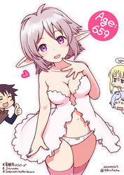  1other 2boys angel babydoll blonde_hair blue_eyes blush bow bow_panties breasts broken_halo character_age cleavage commentary_request crimvael dated ekuharu elf female halfling halo hashtag heart highres ishuzoku_reviewers kanchal lona multiple_boys nail_polish navel panties pink_hair pointy_ears purple_eyes short_hair solo_focus stunk thighs thumbs_up twitter_username underwear white_hair 