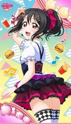  black_hair earrings female from_behind hair_ornament hair_ribbon hairclip highres jewelry looking_at_viewer looking_back love_live! love_live!_school_idol_festival love_live!_school_idol_festival_after_school_activity love_live!_school_idol_project miniskirt nail_polish official_art open_mouth ponytail red_eyes ribbon scrunchie skirt thighhighs yazawa_nico 