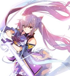  black_pantyhose breasts closed_mouth cone_hair_bun ddolggol detached_sleeves dress female frilled_dress frills genshin_impact gloves hair_bun holding holding_sword holding_weapon keqing_(genshin_impact) korean_commentary long_hair pantyhose purple_eyes purple_gloves purple_hair simple_background solo sword twintails weapon white_background wide_sleeves 