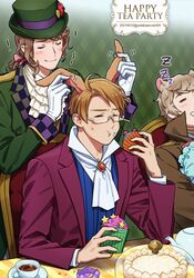  :t alice_in_wonderland america_(hetalia) animal_ears ascot axis_powers_hetalia blonde_hair brown_suit cake chair closed_eyes cosplay cup cupcake dormouse_(alice_in_wonderland) dormouse_(alice_in_wonderland)_(cosplay) drooling eating facial_hair food formal france_(hetalia) glasses grabbing_another&#039;s_ear hand_on_another&#039;s_ear hat holding holding_food kemonomimi_mode mad_hatter_(alice_in_wonderland) mad_hatter_(alice_in_wonderland)_(cosplay) male_focus march_hare_(alice_in_wonderland) march_hare_(alice_in_wonderland)_(cosplay) mouse_boy pillow rabbit_ears russia_(hetalia) sleeping sleeve_cuffs stubble suit sweatdrop table tea tea_party teacup teapot to@st top_hat twitter_username white_ascot zzz 