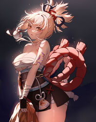  arm_tattoo bandaged_leg bandages bare_arms bare_shoulders black_background black_skirt blonde_hair breasts budget_sarashi cleavage cowboy_shot female fish_tattoo floating_hair flower_tattoo genshin_impact hair_ornament high_ponytail highres holding holding_clothes kimono_removed medium_breasts medium_hair obi open_mouth orange_eyes rope sarashi sash shimenawa short_ponytail skirt solo tattoo tears thighs vierzeck yoimiya_(genshin_impact) 