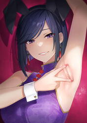  animal_ears arm_up armpits bare_shoulders blush breasts china_dress chinese_clothes dress fake_animal_ears female hair_ornament heart highres large_breasts looking_at_viewer original piyosuke_tmg presenting_armpit purple_eyes purple_hair smile solo spread_armpit steam sweat wrist_cuffs 