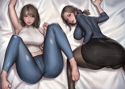  2girls absurdres ass bad_id bad_pixiv_id barefoot black_eyes black_hair black_legwear breasts commentary_request denim family feet gusset highres jeans kidmo korean_commentary mole mole_under_eye mother_and_daughter multiple_girls original pants pantyhose pantylines photoshop_(medium) 