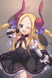  ;d abigail_williams_(fate) black_dress blonde_hair blue_eyes blush breasts commentary cosplay dress elizabeth_bathory_(fate) elizabeth_bathory_(fate/extra_ccc) elizabeth_bathory_(fate/extra_ccc)_(cosplay) elizabeth_bathory_(first_ascension)_(fate) elizabeth_bathory_(first_ascension)_(fate)_(cosplay) english_commentary fate/extra fate/extra_ccc fate/grand_order fate_(series) female forehead highres horns long_hair looking_at_viewer microphone miya_(miyaruta) one_eye_closed open_mouth parted_bangs sidelocks small_breasts smile solo tail two_side_up 