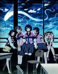  5girls :3 absurdres age_difference anglerfish arm_support backlighting bag bandaged_arm bandages bandaid bandaid_on_knee bandaid_on_leg bike_shorts bike_shorts_under_skirt black_hair black_shorts black_thighhighs blue_eyes blue_hair blue_skirt blunt_bangs breasts brown_eyes brown_footwear chair classroom closed_mouth coelacanth collarbone desk eel fish from_behind full_body hachikuji_mayoi hair_ribbon hairband hanekawa_tsubasa head_tilt height_difference highres holding indoors juliet_sleeves kanbaru_suruga knees_together_feet_apart large_breasts leafy_seadragon leaning_back leaning_forward legs legs_together lens_flare lolicon long_sleeves looking_at_viewer looking_back medium_breasts medium_hair monogatari_(series) multicolored_hair multiple_girls nanahyakuichi_middle_school_uniform naoetsu_high_school_uniform non-web_source oarfish oerba_yun_fang official_art open_mouth pink_shirt pleated_skirt ponytail puffy_sleeves purple_eyes purple_hair red_eyes red_footwear ribbon scan school_chair school_desk school_uniform sengoku_nadeko senjougahara_hitagi shiny_clothes shirt short_hair short_sleeves shorts shorts_under_skirt shoulder_bag sidelocks sitting skin_fang skirt small_breasts smile socks standing streaked_hair thighhighs twintails watanabe_akio white_hair white_socks window zettai_ryouiki 