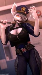  3d_(artwork) 9:16 angry anthro baseball_bat bat_(object) belt big_breasts blurred_background breasts claws clothing digital_media_(artwork) domibun ear_piercing ear_ring eyelashes eyeshadow female freckled_breasts freckles fur hair hat headgear headwear hi_res holding_object holding_weapon looking_at_viewer makeup mammal murid murine officer_flint_(foretbwat) piercing police police_hat police_uniform purple_eyeshadow rat ring_piercing rodent sharp_teeth solo source_filmmaker_(artwork) standing teeth tight_clothing tuft uniform walkie-talkie warfare_machine weapon weapon_on_shoulder white_body white_fur white_hair yellow_sclera zipper 