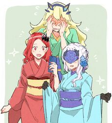  3girls baobhan_sith_(fate) barghest_(fate) blonde_hair blush cellphone commentary fate/grand_order fate_(series) hands_on_own_face height_difference highres japanese_clothes kimono long_hair mask melusine_(fate) multiple_girls naosuke_(morioka_shachuu) obi phone pointy_ears red_hair red_nails sash smartphone symbol-only_commentary tall tall_female white_hair wide_sleeves 