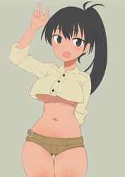  aohashi_ame black_eyes black_hair blush breasts brown_background commentary female green_shorts highres large_breasts long_hair luminous_witches manaia_matawhaura_hato micro_shorts midriff navel no_bra open_mouth ponytail shiny_skin shorts simple_background solo symbol-only_commentary underboob v world_witches_series 