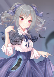  black_feathers blurry blurry_foreground capelet closed_mouth collared_shirt commentary_request dress_shirt feathers female floating_hair grey_background grey_capelet grey_hair hair_ribbon high-waist_skirt idolmaster idolmaster_cinderella_girls kanzaki_ranko koukoku layered_capelet long_hair long_skirt looking_at_viewer purple_ribbon purple_skirt red_eyes ribbon shirt skirt skirt_hold smile solo striped_clothes striped_ribbon striped_skirt twintails vertical-striped_clothes vertical-striped_skirt white_shirt wing_collar 