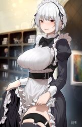  blurry blurry_background bow bowtie breasts clothes_lift covered_nipples cowboy_shot dress female framed_breasts frilled_dress frills from_side grey_hair harness highres indoors karinto_yamada large_breasts legwear_garter lens_flare long_sleeves looking_at_viewer maid maid_headdress open_mouth original puffy_sleeves red_eyes short_hair sidelocks skirt skirt_lift smile solo thighhighs tight_top yahiro_misaki_(karinto_yamada) zettai_ryouiki 