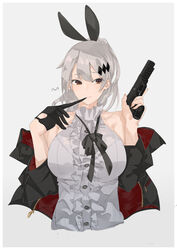  animal_ears artist_name bare_shoulders biting black_bow black_bowtie black_gloves bow bowtie breasts brown_eyes closed_mouth female finger_to_mouth five-seven_(girls&#039;_frontline) fn_five-seven girls&#039;_frontline glove_biting gloves grey_background gun hair_ornament hairclip handgun highres holding holding_gun holding_weapon jacket large_breasts long_hair looking_at_viewer rabbit_ears rabbit_hair_ornament shirt single_glove solo sutekina_awa unworn_gloves upper_body weapon white_hair white_shirt 