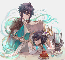  2boys alternate_costume androgynous birthday_cake black_hair blue_eyes blue_hair braid bridal_gauntlets brown_cloak cake candle cape capelet cloak closed_eyes closed_mouth collared_shirt csyday elbow_gloves english_commentary english_text feathered_wings finger_to_mouth flower food genshin_impact gloves gradient_hair hair_flower hair_ornament holding holding_cape holding_clothes hood hood_down hooded_capelet instrument looking_at_viewer lyre male_focus multicolored_hair multiple_boys nameless_bard_(genshin_impact) one_eye_closed plate shirt short_hair_with_long_locks shushing sleeping sleeveless smile twin_braids unworn_cape venti_(archon)_(genshin_impact) venti_(genshin_impact) white_background white_flower white_shirt white_wings wind wings 