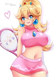  absurdres alternate_breast_size artist_name blonde_hair blue_eyes blush breasts crop_top cropped_shirt crown earrings female gumroad_logo gumroad_username hair_between_eyes head_tilt heart highres holding holding_racket jewelry long_hair looking_at_viewer mario_(series) mario_tennis medium_breasts midriff navel paid_reward_available pink_lips pink_shirt pink_skirt ponytail princess_peach racket shadow shirt simple_background skirt sleeveless sleeveless_shirt smile solo sphere_earrings sugarbell tennis_peach tennis_racket white_background 