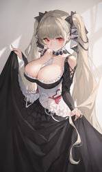  absurdres azur_lane bare_shoulders between_breasts black_dress breasts cleavage curtsey detached_collar dress female formidable_(azur_lane) grey_hair highres large_breasts long_hair looking_at_viewer neck_ribbon red_eyes ribbon simple_background skirt_hold solo ssr_(azmr2828) twintails two-tone_dress two-tone_ribbon very_long_hair white_background white_dress 