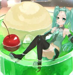  absurdres afloat aqua_necktie bangs_pinned_back bare_shoulders black_skirt black_thighhighs boots caustics cherry commentary cream_soda detached_sleeves drinking drinking_straw drinking_straw_in_mouth female food forehead fruit full_body glass grey_shirt hatsune_miku high_heels highres ice ice_cream ice_cream_float ice_cube long_hair looking_at_viewer melon_soda mini_person minigirl miniskirt mouth_hold necktie partially_submerged pleated_skirt reirou_(chokoonnpu) shadow shirt sitting skirt sleeveless sleeveless_shirt solo symbol-only_commentary thigh_boots thighhighs twintails very_long_hair vocaloid 