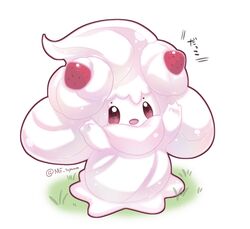  alcremie alcremie_(salted_cream) alcremie_(strawberry_sweet) bad_id bad_pixiv_id commentary_request full_body grass hands_up highres looking_up no_humans open_mouth pokemon pokemon_(creature) smile solo tongue toyama_hinata watermark 