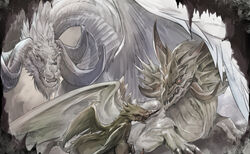  babape claws commentary curled_horns dragon final_fantasy final_fantasy_xiv forward_facing_horns horns hraesvelgr_(ff14) looking_at_another lying multiple_horns no_humans on_stomach open_mouth red_eyes sharp_teeth siblings slit_pupils teeth tiamat_(ff14) vrtra wings yellow_eyes 