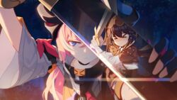  &gt;_&lt; 2girls armor battle black_choker black_gloves black_hair blue_eyes blush choker closed_eyes closed_mouth commentary_request embers flying_teardrops forest glint gloves hair_between_eyes highres holding holding_sword holding_weapon honkai_(series) honkai_impact_3rd horns long_hair multicolored_hair multiple_girls nature night official_alternate_costume official_art pink_hair reflection resized rozaliya_olenyeva rozaliya_olenyeva_(fervent_tempo) seele_vollerei seele_vollerei_(swallowtail_phantasm) streaked_hair sword tears third-party_source tree upper_body upscaled weapon white_hair 