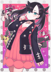  1boy 2girls aisawa_natsu asymmetrical_bangs black_choker black_hair black_jacket black_nails blush choker closed_mouth commentary_request dress eyelashes green_eyes hair_ribbon hand_up highres holding holding_poke_ball jacket looking_at_viewer marnie_(pokemon) morpeko morpeko_(full) multiple_girls nail_polish open_clothes open_jacket pink_dress poke_ball poke_ball_(basic) pokemon pokemon_(creature) pokemon_swsh red_ribbon ribbon sparkle sweatdrop team_yell team_yell_grunt 